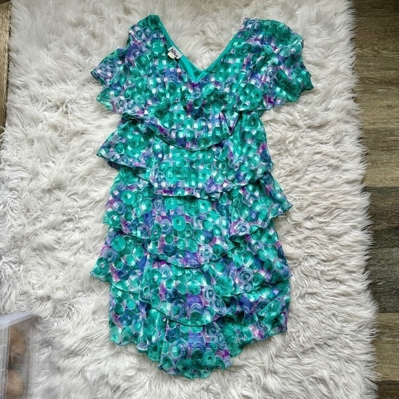 Vintage 80s 90s Patra Iridescent Circles Tiered Dress with Lettuce Hem Size Med - Picture 3 of 7